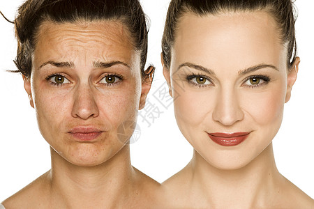 妇女无和有化妆品的比较肖像美容治疗护理皮肤女士图片