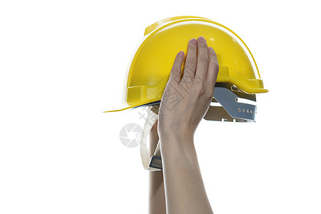 手持黄色安全头盔的女子在白色背面被孤立安全商业安全帽建筑工作室建筑师女士公司职业工作图片
