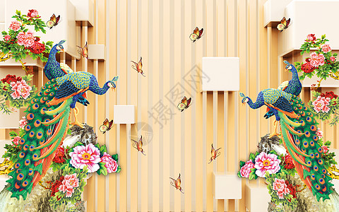3D花孔雀圆形背景墙纸插图热带婚礼绘画叶子花园樱花玫瑰天堂孔雀图片