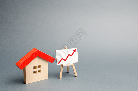 木屋和站立 红色箭头向上 对住房和房地产的需求不断增长 城市及其人口的增长 投资 房价上涨的概念 选择性焦点图片