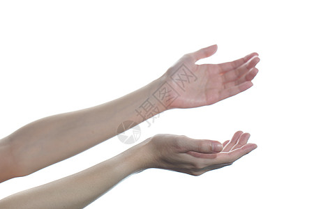 女人手恳求或在白色 isola 上张开手掌双手女士皮肤展示女性拇指推介会手指拉伸怜悯图片
