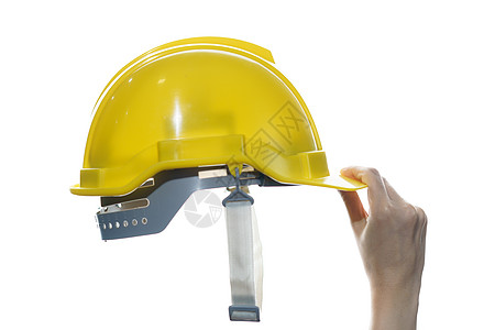 手持黄色安全头盔的女子在白色背面被孤立塑料工程建筑建筑学防御办公室职业建筑师帽子工程师图片