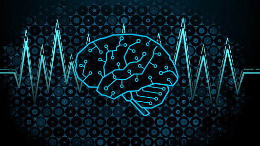 具有脑波和随机抽象六边形技术背景的数字大脑设计图片
