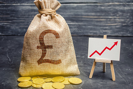 英镑 GBP 符号钱袋和红色趋势箭头向上图表 存款和储蓄 增加利润和收入 资本增长 盈利业务效率 经济繁荣福利上升图片