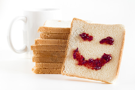 早餐时微笑幸福假期亮度面包咖啡果汁活力覆盆子幽默杯子图片