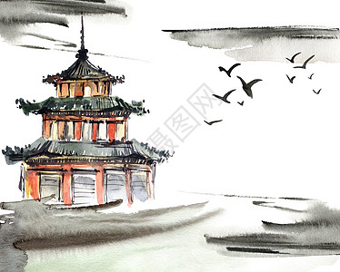 水彩画中国风景飞行艺术品旅行手工罪恶手绘天空国画刷子卡片图片