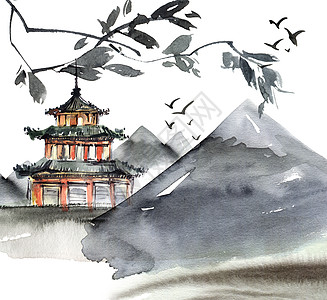 水彩风景水彩画中国风景旅游刷子艺术旅行宝塔绘画手工插图飞行天空背景