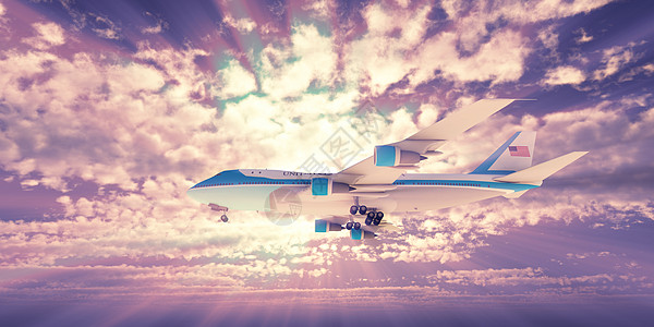 空中运输日落天空中的飞机 3D土地技术地平线速度建筑日出航空旅游喷射空气背景