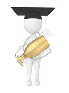3d 人物男子戴着毕业帽 拿着金色奖杯高清图片