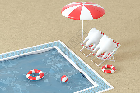 卡通牙齿在假期游泳池边 3d 渲染休息室旅游日光浴救生圈热带水池卫生海滨闲暇海滩图片