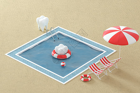 卡通牙齿在假期游泳池边 3d 渲染插图日光浴卡通片阳光海滩夫妻晴天椅子水池卫生图片