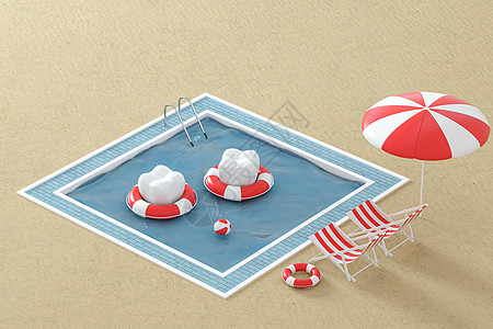 卡通牙齿在假期游泳池边 3d 渲染晴天椅子牙医水池情人休息室旅游海滨日光浴海滩图片