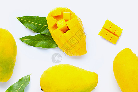 阿方索芒果热带水果 白底芒果饮食沙拉营养果汁叶子维生素食物蔬菜美食甜点背景