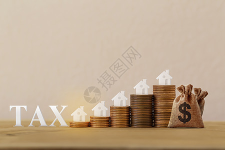 袋硬币一排排上升的硬币 美元袋 木桌上的字税的迷你房子 房屋或住房 土地价值 财政税收概念 描绘了对所有财产价值征收的从价税背景