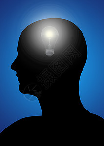 有齿轮和灯泡的男人的黑色黑相男士思维蓝色想法创造力专注智慧刺激智力概念图片
