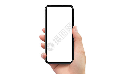 右手握着黑色移动智能手机设备商业电话屏幕细胞推介会手指展示技术演示小样背景图片