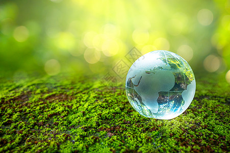 水晶球矗立在绿色的草地上 概念日地球拯救世界拯救环境图片