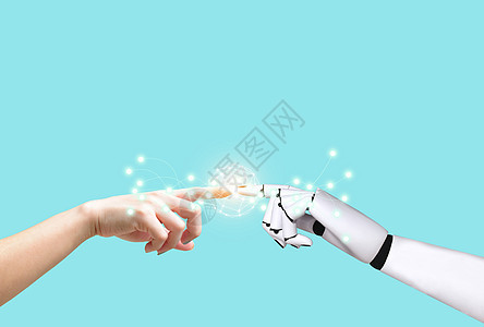 人手与机械手系统概念 智能技术与vintag的整合与协调伙伴机器人电脑智力交易机器自动化手臂白色科学背景图片