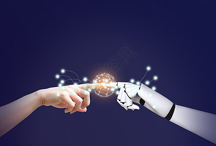 人手与机械手系统概念 智能技术与vintag的整合与协调机器人机器科学影响科幻金属电脑手臂智力交易背景图片