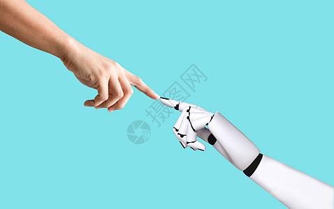 人工智能技术的人手与机械手系统概念整合与协调智力科学电脑身体商业工业金属技术自动化白色背景图片