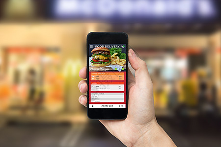 手持智能手机与应用程序食品交付订单屏幕 餐厅服务申请图片