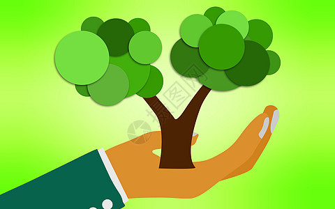 用手拿着 tre 的生态概念世界行星插图绿色创新环境渲染地球生长叶子背景图片