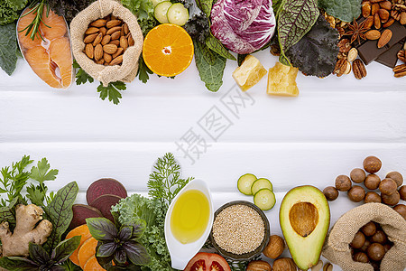 白色背景下健康食品选择的成分脂肪酸营养烹饪核桃血管蔬菜酮类健康饮食树叶减肥图片
