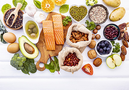 白色背景下健康食品选择的成分饮食纤维核桃树叶脂肪酸血管健康饮食美食酮类麦片图片