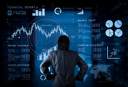 作为 Fintech 概念的业务运营资产负债表和损益表和图表的财务报告数据 使用虚拟仪表板计算机屏幕的商务人士网络技术生长办公室图片