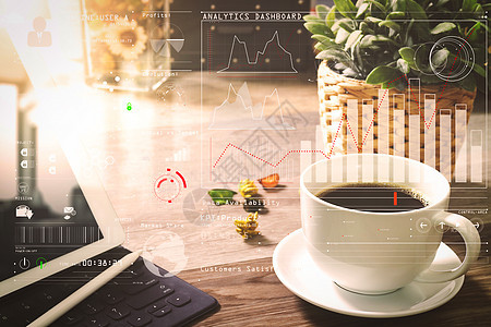 咖啡杯和数字桌对接智能键盘 花瓶区块链指标营销科学笔记本展示办公室网络人士图表图片