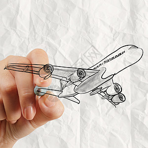 具有压纸纸张背景背景的手绘飞机航空回收航班翅膀空气绘画草图物流工人运输图片