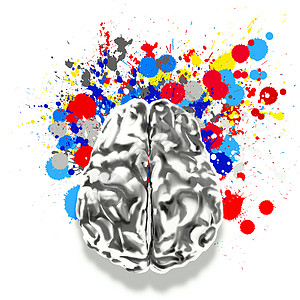 创意 3d 金属人脑与飞溅颜色背景 a智慧教育水彩心理皮层画笔想像力小脑生活手绘图片