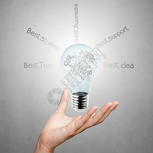 用灯泡展示创造性商业战略的手持设备 并配有灯泡竞赛营销方法创新工作统计商务生长组织团队图片