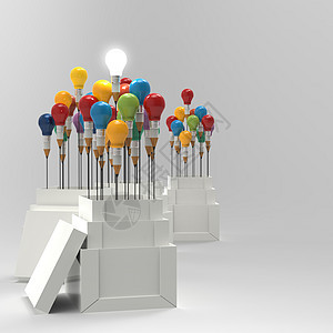3D型灯泡 视其为盒子外的思考和领导力人士解决方案领导者铅笔立方体活力商务包装照明白色背景图片
