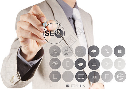 显示搜索引擎优化 SE 的商务人士手教育广告技术人士社会互联网电脑会议战略商业图片