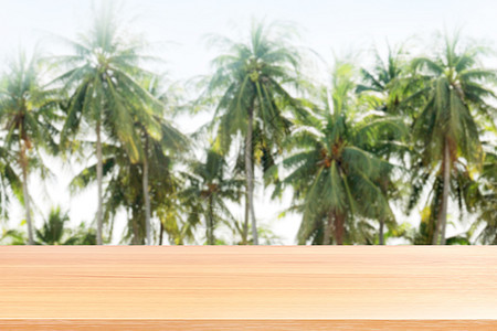 椰子树上的木板行背景模糊 椰子树上的空木桌地板图片模糊 木桌板空的前背景椰子种植园自然用于模拟展示产品太阳甲板天空海洋地面木头桌图片