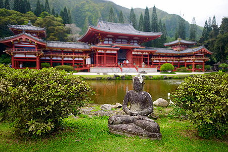 在佛教寺前的灰佛雕像祷告房子石头佛教徒历史旅游花园观光复制品建筑学图片