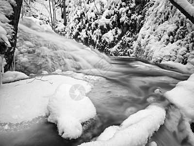 冰冻的瀑布 冰雪树枝和冷冻气流泡沫中的冰块 冬季小溪 极端冻结气候季节水池幽谷分支机构寒意波浪岩石冰柱公园图片