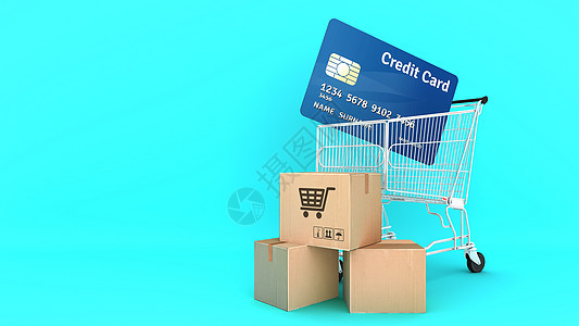 许多纸箱和信用卡装在一辆绿色背景的购物车里 网上购物或购物主义概念 3D投影图片