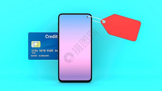 票价标签和信用卡来自智能手机屏幕 网上购物或购物主义概念 3D投影等图片