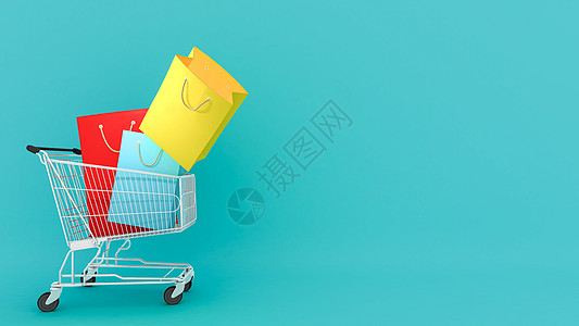 蓝色背景购物车上的彩色纸购物袋 购物爱好者或购物狂概念 3D 渲染篮子插图次数帐户标签价格服务大车市场价钱图片