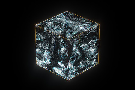 发光盒子玻璃立方体 里面有发光的颗粒 3D投影水晶耀斑渲染边缘冻结盒子冷藏正方形反射辉光背景