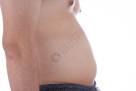 在孤立的白色背景上特写过多的脂肪腹部 男人超重的腹部 男人的饮食生活方式概念减少腹部并塑造健康的胃部肌肉 减肥 苗条的身材概念损图片