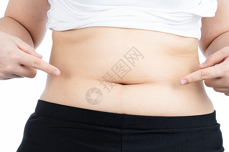 胖女人拿着过多的脂肪腹部 超重的脂肪腹部在白色背景下被隔离 饮食生活方式 减肥 胃肌 健康理念检查肚子展示重量数字橘皮损失烧伤压图片