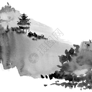 水彩风景水彩画中国风景旅游手绘卡片天空艺术品国画插图宝塔墨水罪恶背景