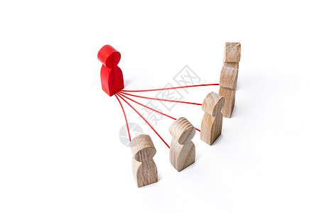 红色领袖雕像通过线条与人相连 领导和沟通 建立与下属关系的模型 优化和高工作效率 最小化官僚主义图片