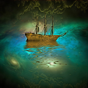 古船地平线海洋巡航绘画宇宙反射童话星星天堂插图图片