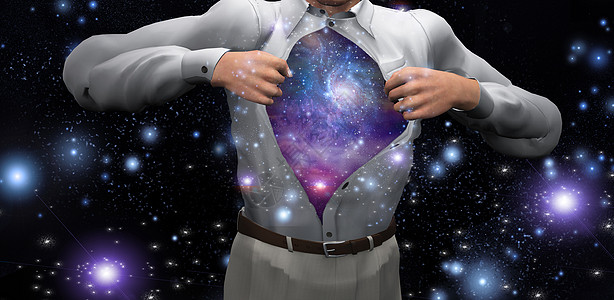 男人 街男人打开衬衫以揭开星系辉光上帝空间魔法信仰哲学洞察力想像力内心插图背景