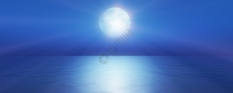满月在天空背景反射在海水中  3D仁德地球行星海景海滩插图海洋天堂海浪镜子墙纸图片