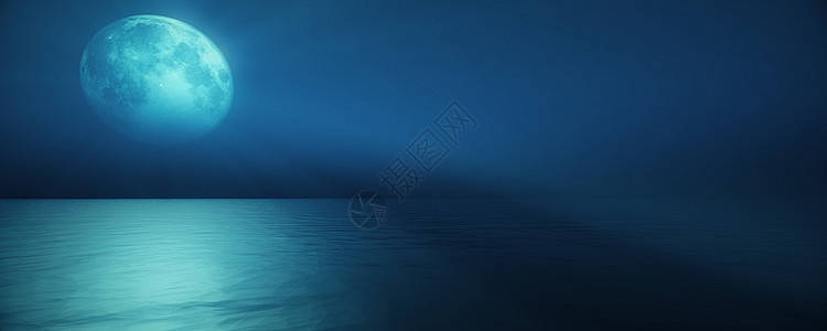 满月在天空背景反射在海水中  3D仁德海洋风景插图月亮地球渲染3d行星天堂月光图片